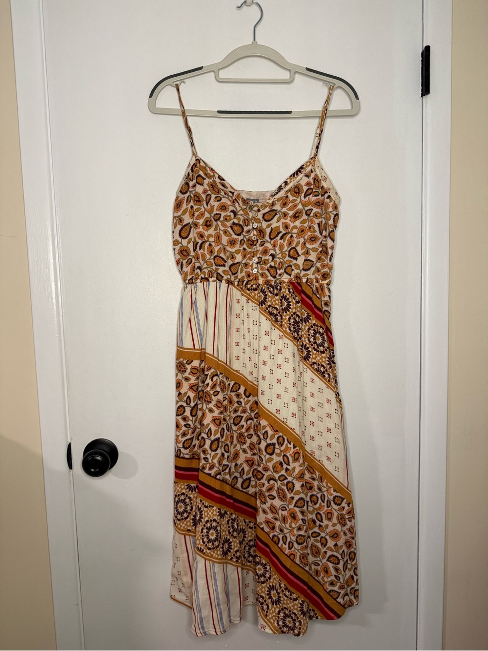 aerie Cream and Mustard Printed Midi Dress